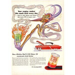 1952 Shell X-100 Alkaline Motor Oil Vintage Print Ad Genie Demon 50s Wall Art
